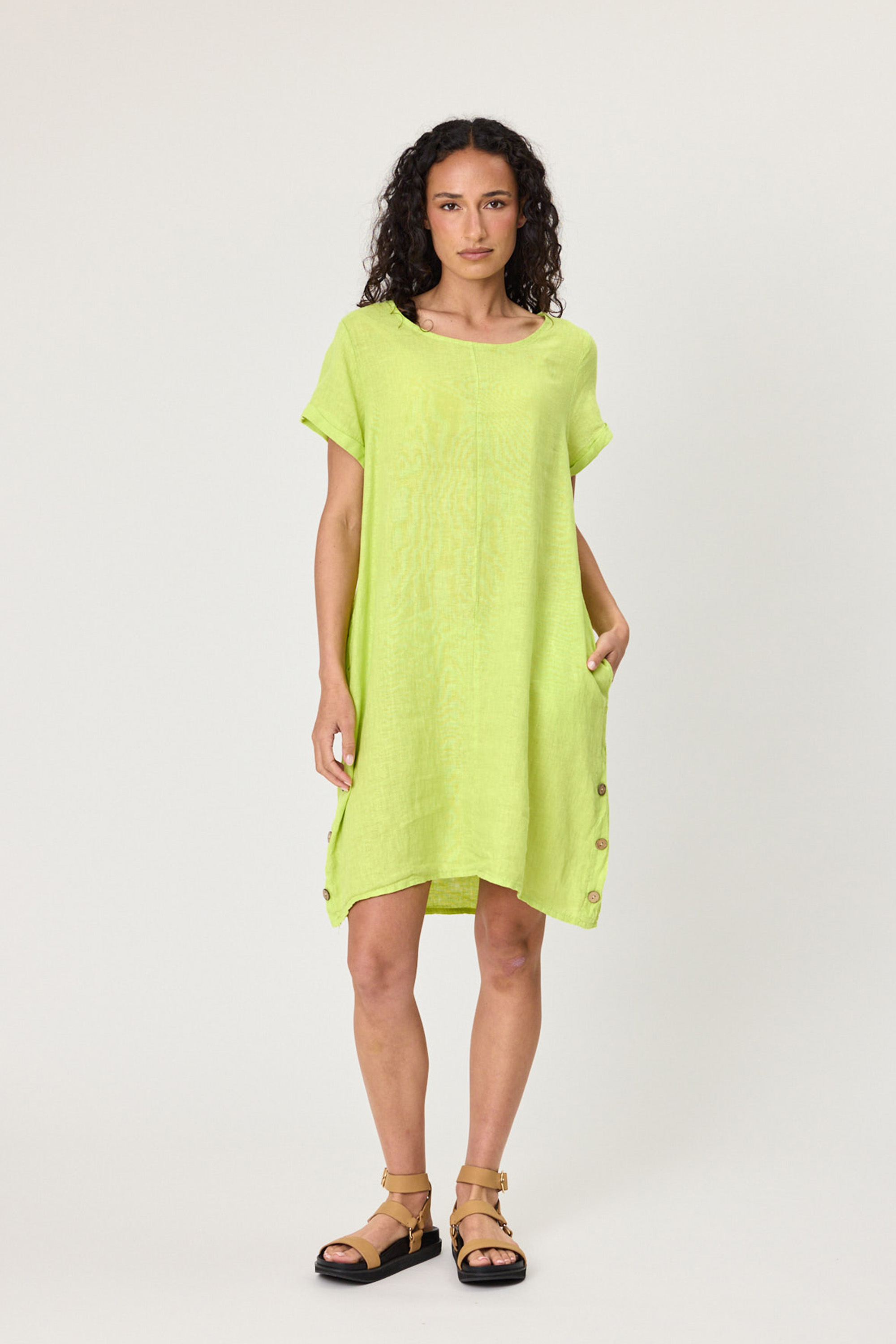 Linen Side Button Detail Mini Dress - Red